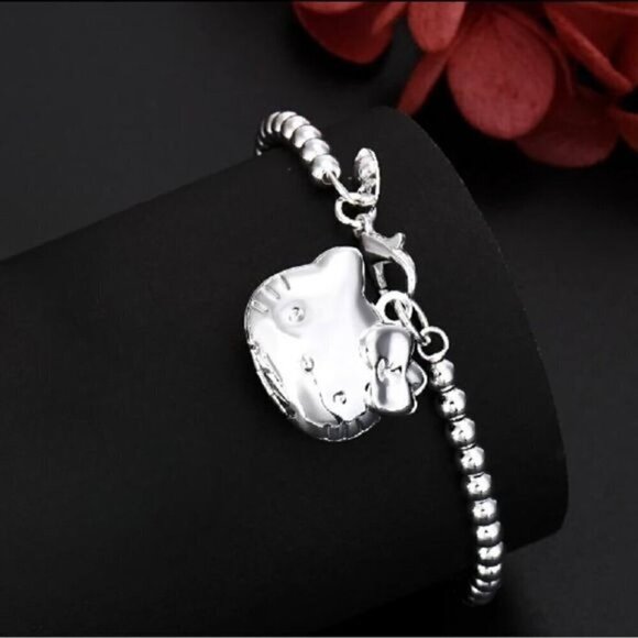 NWT Hello Kitty Locket Charm Bracelet S925 Sterling Silver Beaded Chain 7.5" - Picture 3 of 8